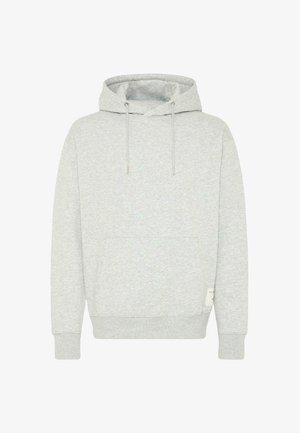 Hellgrauer Kapuzenpullover aus weichem Stoff, mit einer Fronttasche und Kordelzugkapuze, sowie gerippten Bündchen und Saum.