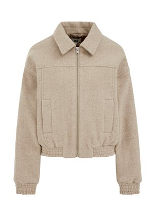 Giacca corta beige realizzata in tessuto strutturato, con chiusura frontale a cerniera, due tasche laterali e polsini e orlo elastici.