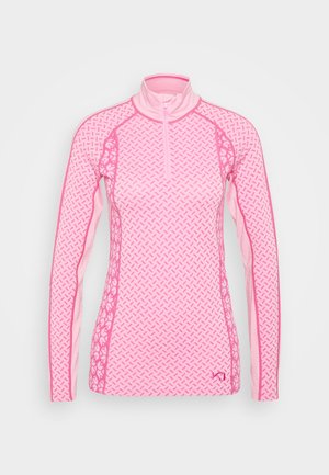 Langermet, rosa treningstopp med halv-glidelås, teksturert mønster og kontrasterende helrosa sidepaneler.