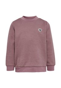 Lichtpaarse sweatshirt gemaakt van textuurstof, met een geribbelde ronde hals en boorden. Klein geborduurd logo op de borst.