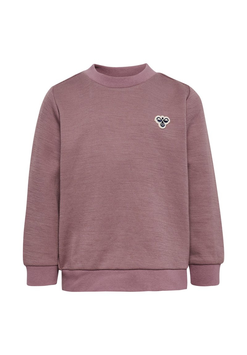 Lichtpaarse sweatshirt gemaakt van textuurstof, met een geribbelde ronde hals en boorden. Klein geborduurd logo op de borst.