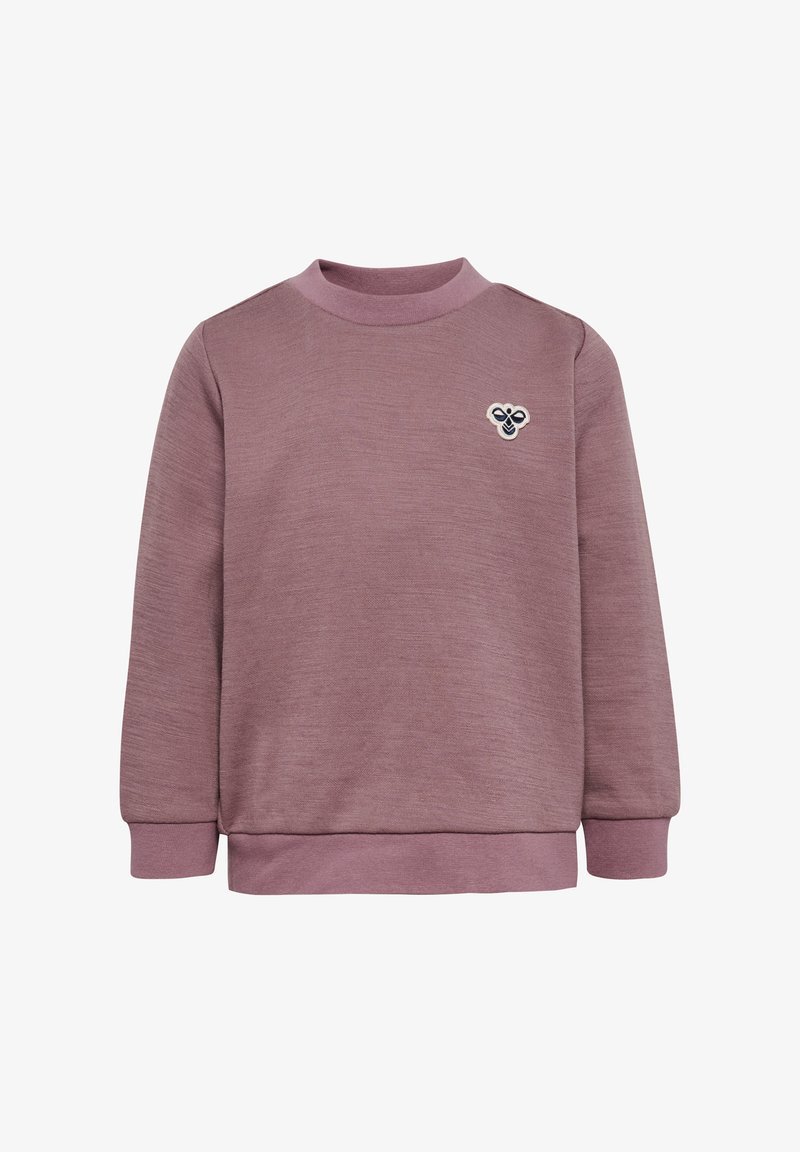 Jasnofioletowa bluza z teksturowanej tkaniny, z prążkowanym okrągłym dekoldem i mankietami. Małe haftowane logo na klatce piersiowej.