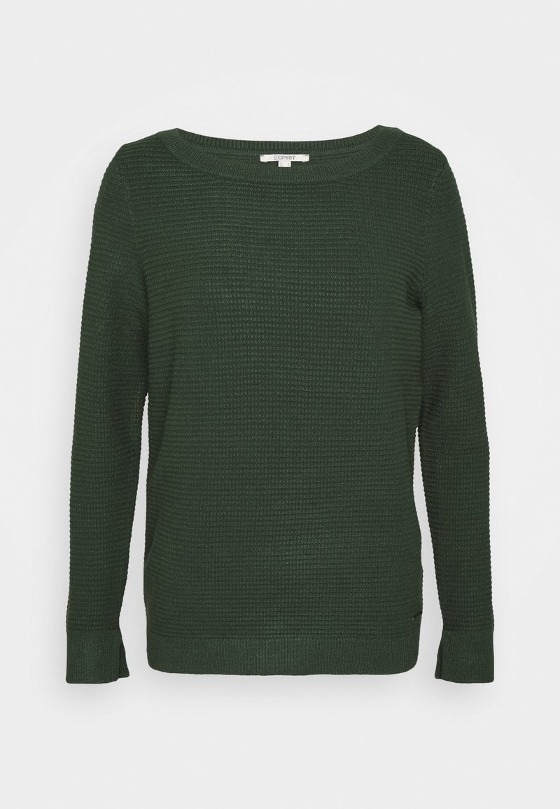 Grüner Strickpullover mit weitem Rundhalsausschnitt, langen Ärmeln und strukturiertem Muster. Gerippte Bündchen und Saum mit lockerer Passform.