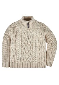Beżowy sweter z rawej dzianiny z wysokim kołnierzem i półzamkiem. Teksturowany wzór z grubszymi i cieńszymi warkoczami, ściągacze przy mankietach i dolnej krawędzi.