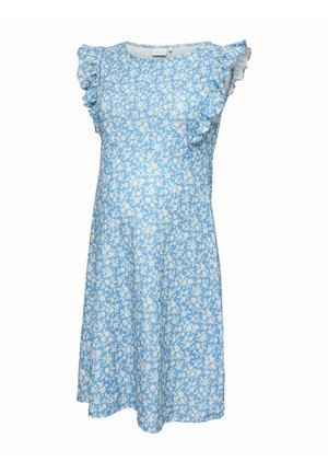 Svetlomodré tehotenské šaty po kolená s bielym kvetinovým vzorom a volánovými krátkymi rukávmi.