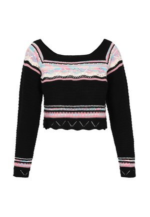 Zwart cropped sweatshirt met lange mouwen. Kenmerkt zich door een meerkleurige gebroken schouder in pastelkleuren, met een scalloped rand en textuur breiwerk.