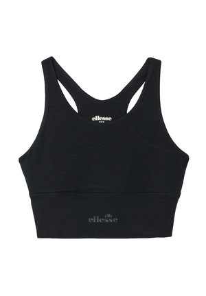 Soutien-gorge de sport noir au design ajusté, fabriqué en tissu lisse. Équipé d'unelarge bande et de bretelles croisées. Logo subtil imprimé sur le devant.