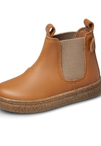 Stivaletto in pelle marrone con pannelli laterali elasticizzati, suola in gomma texturizzata e linguette per il riposo. Presenta una finitura liscia e senza motivi visibili.