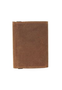 Billetera de cuero marrón con una superficie texturizada, diseño de dos pliegues y costuras visibles. Presenta un tamaño compacto y un aspecto simple y clásico.