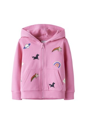 Rosa Kapuzen-Sweatshirt mit Reißverschluss, vorne mit Cartoon-Motiven von Einhörnern, lächelnden Sternen mit Regenbögen, Planeten, Regenbögen und Wolken.