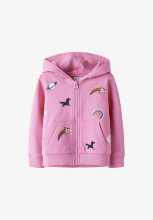 Rosa Kapuzen-Sweatshirt mit Reißverschluss, vorne mit Cartoon-Motiven von Einhörnern, lächelnden Sternen mit Regenbögen, Planeten, Regenbögen und Wolken.