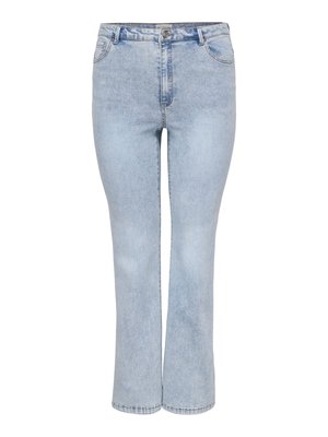 Jeans bleu clair à taille haute, jambes droites, avec poches avant, passants pour ceinture, bouton et fermeture éclair, présentés à plat sur un fond blanc.