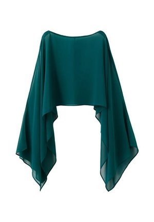 Châle asymétrique en mousseline de soie bleu sarcelle avec de larges côtés drapés et un décolleté droit, présenté sur un fond blanc.