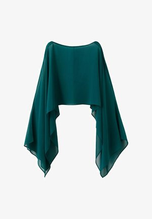 Teal chiffon asymmetrical shawl with wide, flowing draped sides and a straight neckline, displayed on a white background.