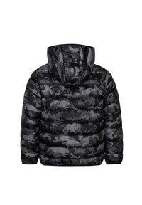 Giacca imbottita con motivo camouflage nero e grigio, con trapuntatura orizzontale e cappuccio attaccato, vista da dietro.