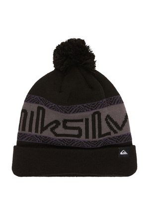 Bonnet en tricot noir avec un revers replié, bande violet-gris ornée de motifs abstraits, gros pompon sur le dessus et petite étiquette de marque sur le revers.