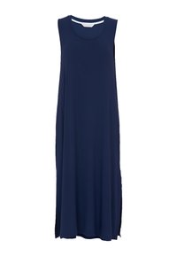 Abito senza maniche blu navy realizzato in tessuto leggero, con scollatura rotonda e aperture laterali per facilitare i movimenti.