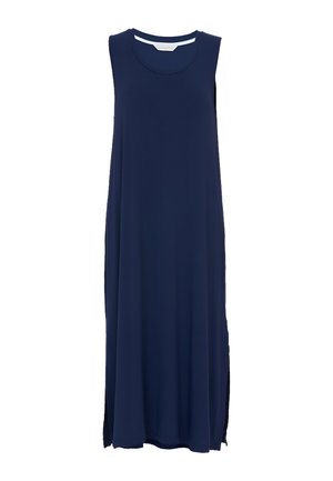 Robe sans manches bleu marine en tissu léger, avec un col rond et des fentes sur les côtés pour faciliter les mouvements.