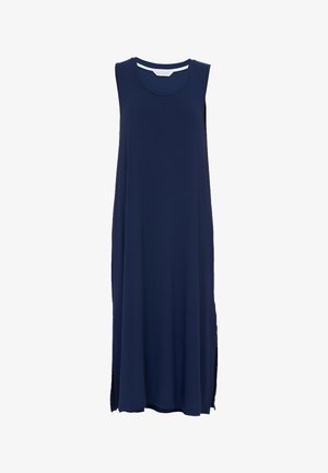 Robe sans manches bleu marine en tissu léger, avec un col rond et des fentes sur les côtés pour faciliter les mouvements.