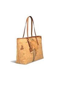 Borsa a tracolla color corda con design della mappa del mondo, dettagli in pelle marrone e manici allungati. Il materiale sembra avere una texture con una finitura liscia.