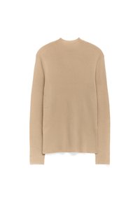 Pull en beige à manches longues avec un col montant, présentant un motif de tricot texturé, une coupe droite et des fentes sur les côtés à l'ourlet.