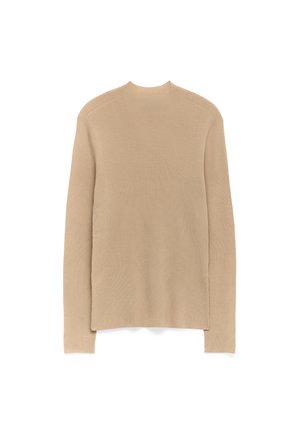 Beige long-sleeve sweater with a high neckline, featuring a textured knit pattern, straight cut, and side slits at the hem.