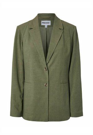 Õlivärvi rohelise naiste bleiser kahe nupuga, mittekunstitud kraega ja kahe esiküljel asuva sissetõmmatava taskuga, esitatud valgel taustal.