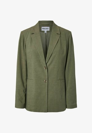 Õlivärvi rohelise naiste bleiser kahe nupuga, mittekunstitud kraega ja kahe esiküljel asuva sissetõmmatava taskuga, esitatud valgel taustal.