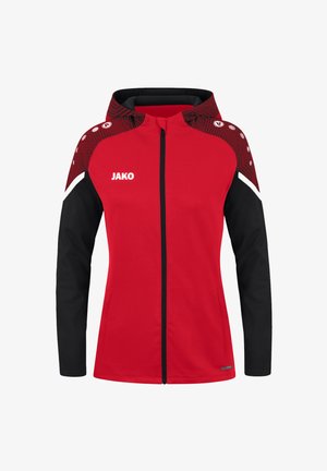 Rotative und schwarze Sportjacke mit durchgehendem Reißverschluss, gestaltet mit einem strukturierten roten Schulterdesign und weißen Logoakzenten auf der Brust und den Ärmeln.