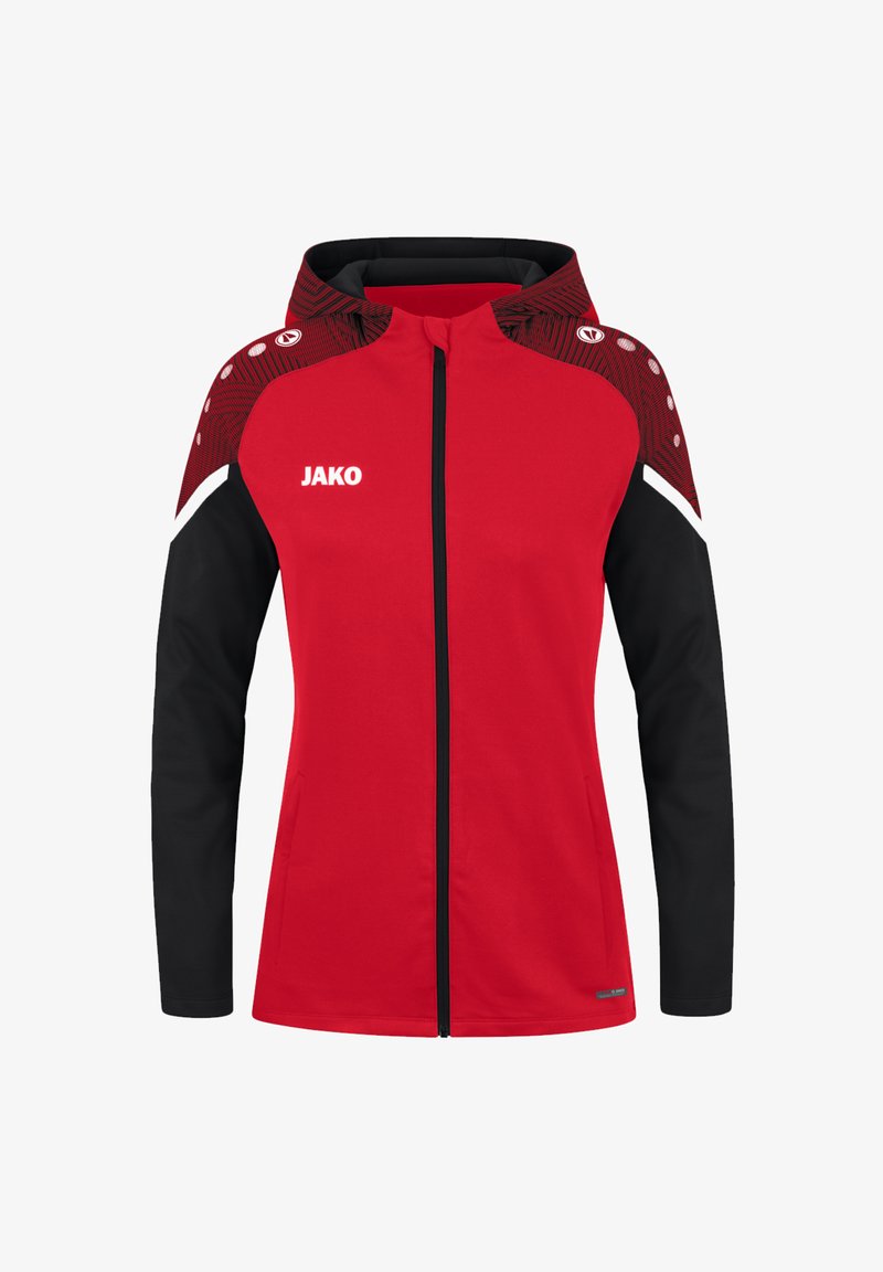 Rotative und schwarze Sportjacke mit durchgehendem Reißverschluss, gestaltet mit einem strukturierten roten Schulterdesign und weißen Logoakzenten auf der Brust und den Ärmeln.