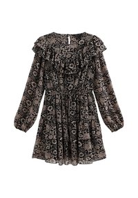 Zwarte bloemenjurk met lange mouwen, ruches bij de halslijn en een getailleerde taille, gemaakt van een lichtgewicht, doorzichtige stof met beige bloemenpatronen.