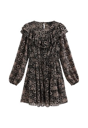 Zwarte bloemenjurk met lange mouwen, ruches bij de halslijn en een getailleerde taille, gemaakt van een lichtgewicht, doorzichtige stof met beige bloemenpatronen.