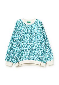 Sweatshirt teal con stampa leopardata, maniche lunghe e a palloncino, polsini e scollatura a costine color crema. Tessuto morbido con una vestibilità rilassata.