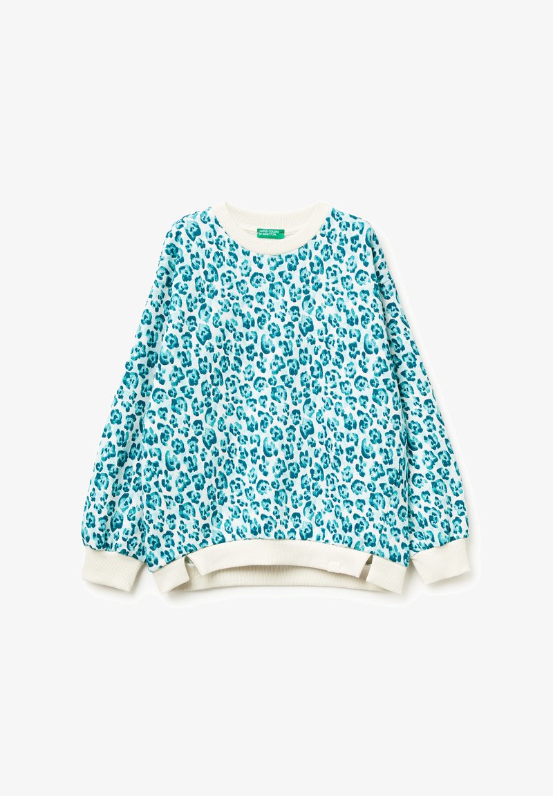 Sweatshirt teal con stampa leopardata, maniche lunghe e a palloncino, polsini e scollatura a costine color crema. Tessuto morbido con una vestibilità rilassata.