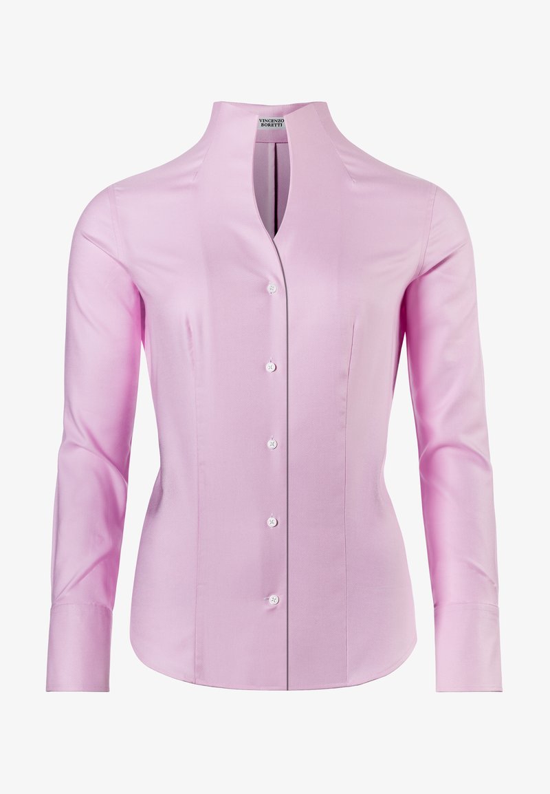 Light pink fitted shirt with a high collar, long sleeves, button front closure, and subtle texture. Features no visible patterns or accents.