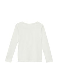 Schlichtes weißes Langarmshirt mit rundem Ausschnitt, von hinten auf einem weißen Hintergrund gezeigt.