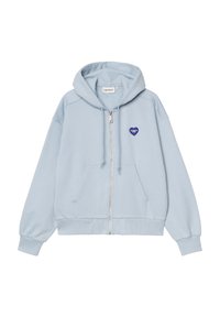 Felpa con zip di colore azzurro, dotata di tasche frontali, cappuccio con cordino e piccolo patch a forma di cuore blu sul lato sinistro del petto.