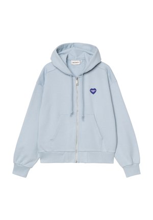 Haut à capuche zippé bleu clair avec poches avant, cordon de serrage à la capuche et petit patch logo de cœur bleu sur la poitrine gauche.