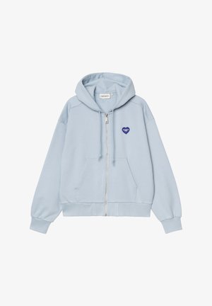 Light blue zip-up hoodie with front pockets, drawstring hood, and small blue heart logo patch on the left chest.