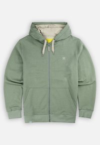 Sweat à capuche zippé en olive avec des accents beige. Comprend des poches avant et une doublure intérieure douce. Logo simple sur la poitrine.