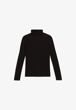 Black turtleneck sweater made of lightweight material. Long sleeves, slim fit, and ribbed texture at the collar. No patterns or embellishments.
