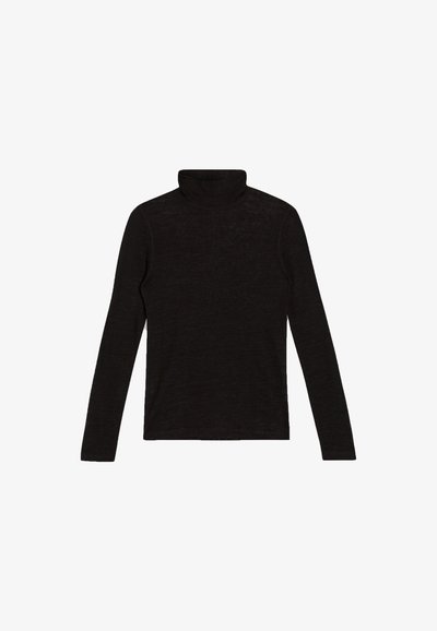 Zwarte coltrui gemaakt van lichtgewicht materiaal. Lange mouwen, slim fit en ribbelstructuur bij de kraag. Geen patronen of versieringen.