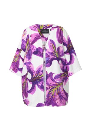 Floral kimono jacket features a white base with large, vivid purple lily prints. The design includes a tie closure and wide sleeves.