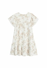 Blumenkleid aus leichtem Creme-Stoff mit braunen Blumenmustern, kurzen, schwingenden Ärmeln, runder Halsund und gestuftem Saum.