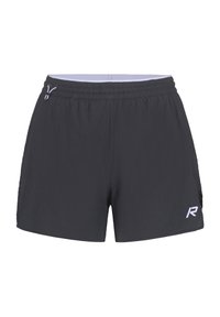 Shorts de sport noirs en tissu léger, avec un panneau latéral en mesh, une taille élastique avec cordon de serrage, et un logo blanc sur le devant.