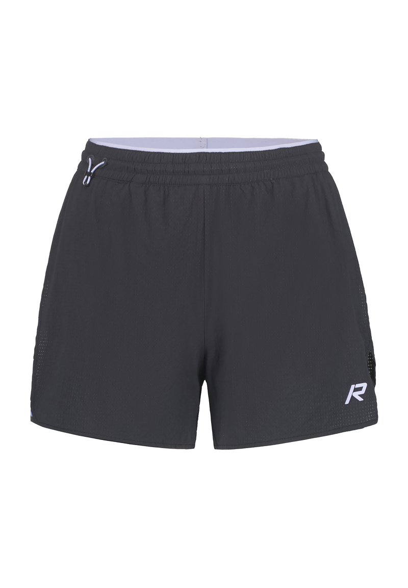Shorts de sport noirs en tissu léger, avec un panneau latéral en mesh, une taille élastique avec cordon de serrage, et un logo blanc sur le devant.