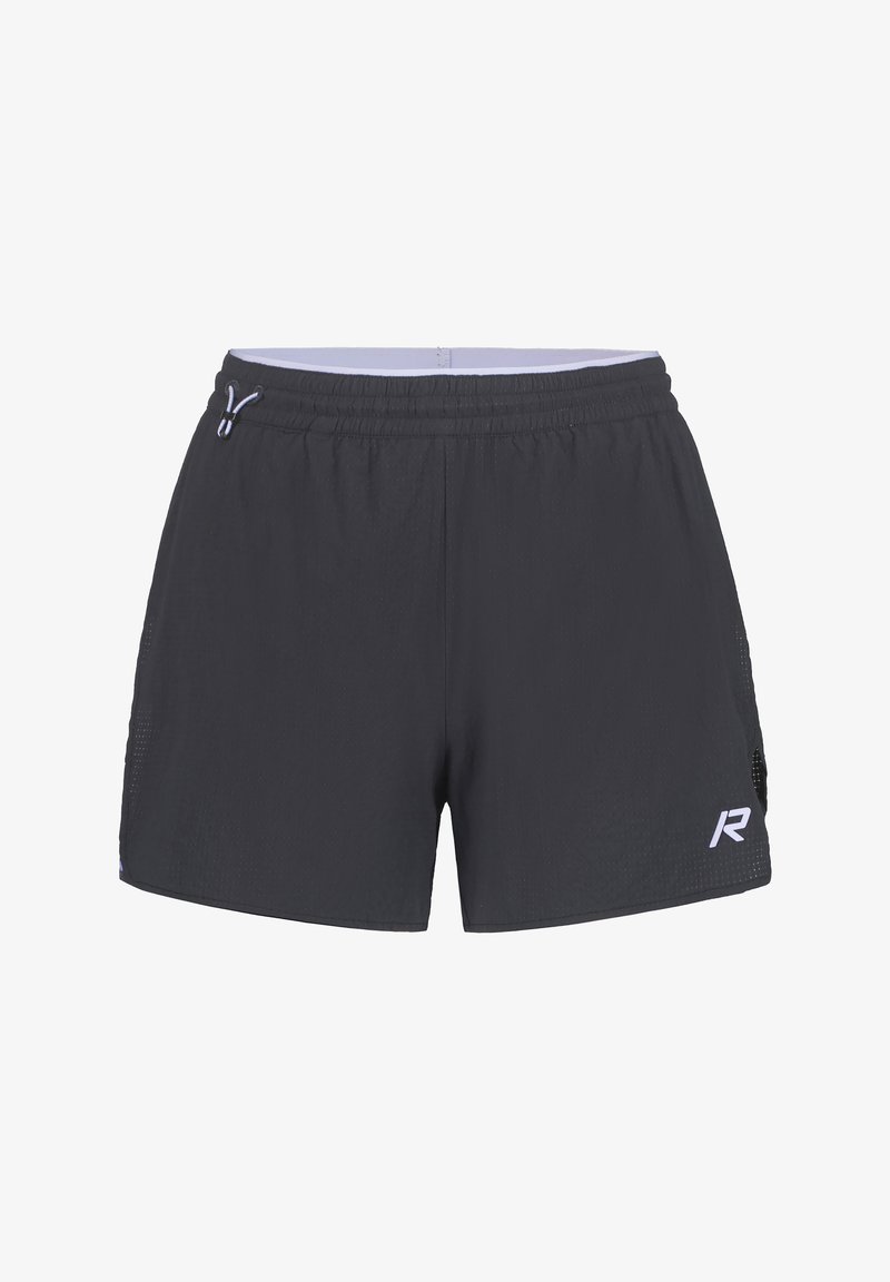 Shorts de sport noirs en tissu léger, avec un panneau latéral en mesh, une taille élastique avec cordon de serrage, et un logo blanc sur le devant.