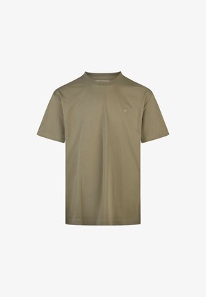 Olive green cotton t-shirt, short sleeves, crew neck, featuring small, subtle logo on the left chest. Smooth texture, minimalist design.