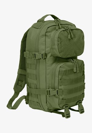 Zaino tattico verde con numerosi scomparti con cerniera, webbing MOLLE per attacchi e spallacci in rete imbottita.