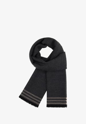 Zwarte sjaal met visgraatpatroon, afgewerkt met franjes. Heeft gestreepte accenten in lichtgrijs nabij de uiteinden. Zachte textuur.